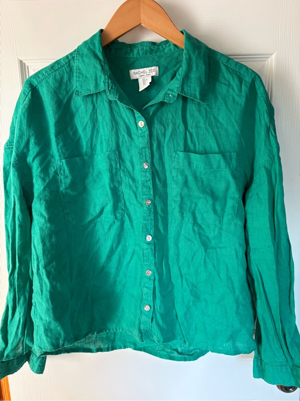 Rachel Zoe 100% Linen Button Down Shirt L Emerald Green Oversized